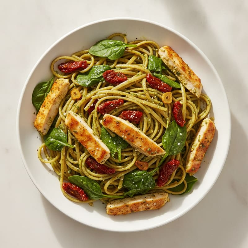 Pesto Chicken Linguine with Sun-Dried Tomatoes