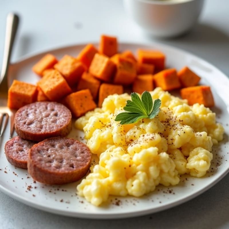 Egg White and Turkey Sausage Scramble with Roasted Sweet Potatoes