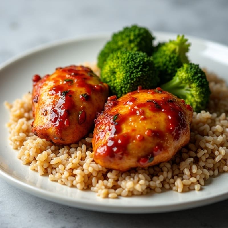 Gochujang Glazed Chicken Thighs with Roasted Broccoli and Brown Rice