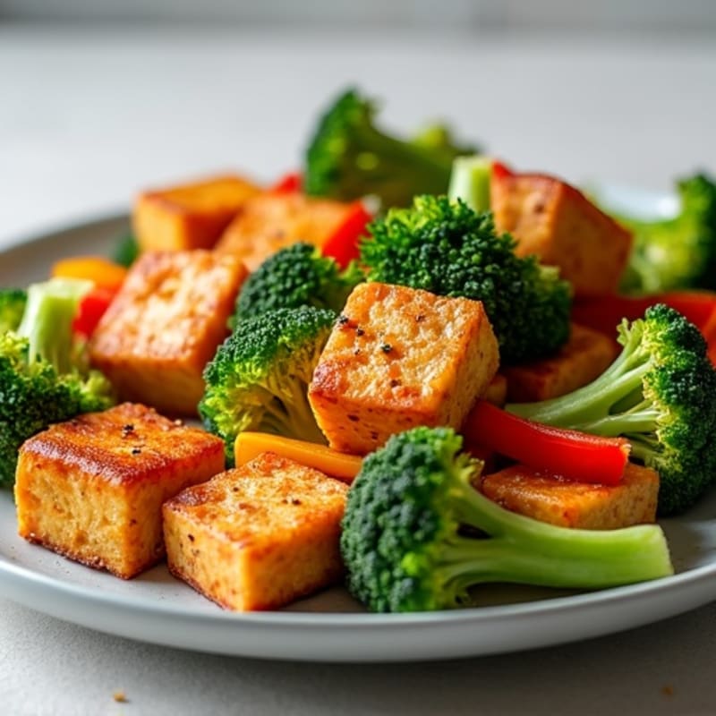 Crispy Baked Tofu with Roasted Broccoli and Bell Peppers