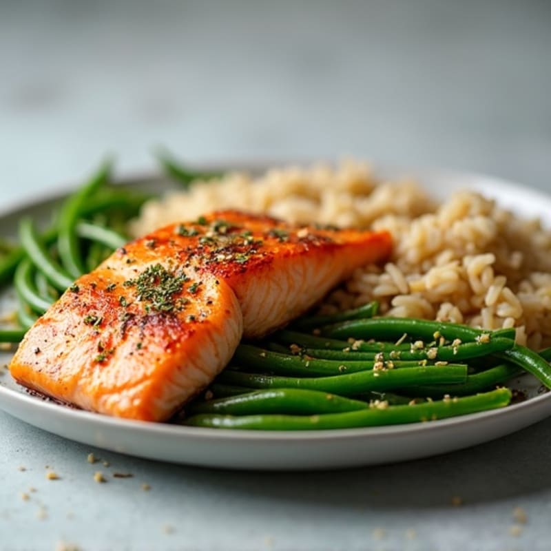 Seared Salmon Fillet with Garlic Green Beans and Brown Rice