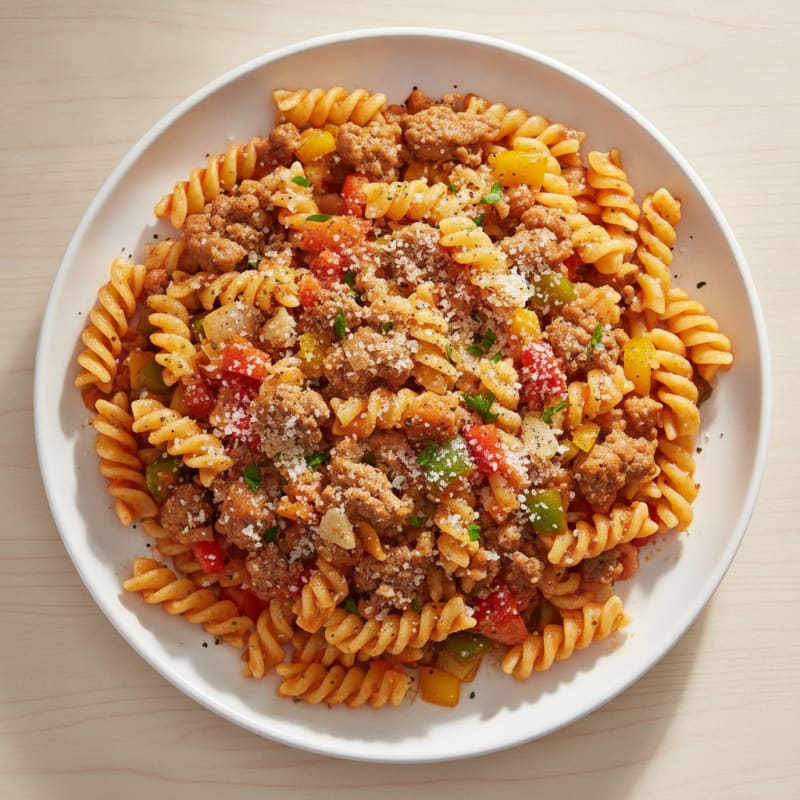 Ground Sirloin Cavatappi with Mixed Peppers
