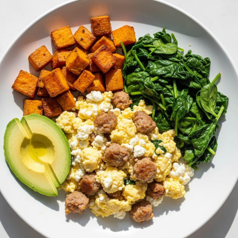 Creamy Cottage Cheese Scramble with Turkey Sausage and Sautéed Spinach