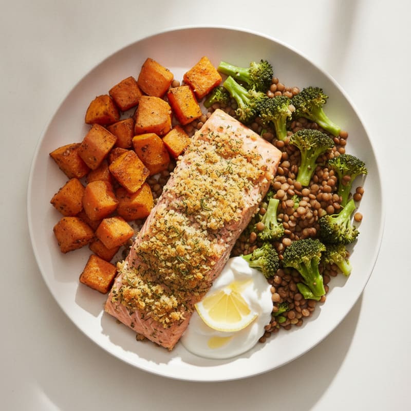 Herb-Crusted Salmon with Roasted Sweet Potatoes