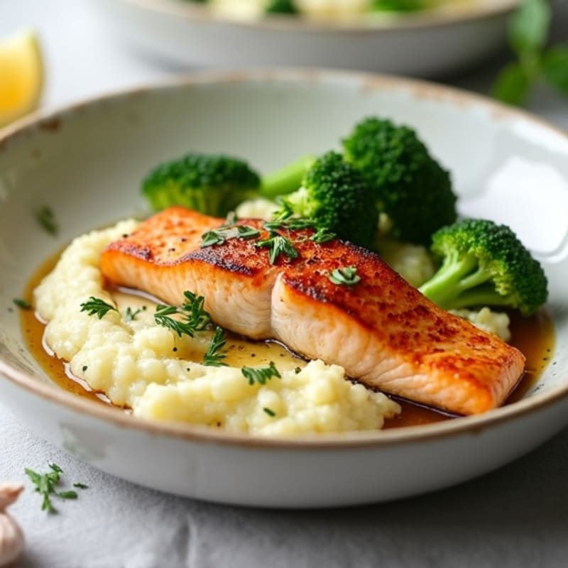 Seared Salmon with Steamed Broccoli and Garlic Cauliflower Mash