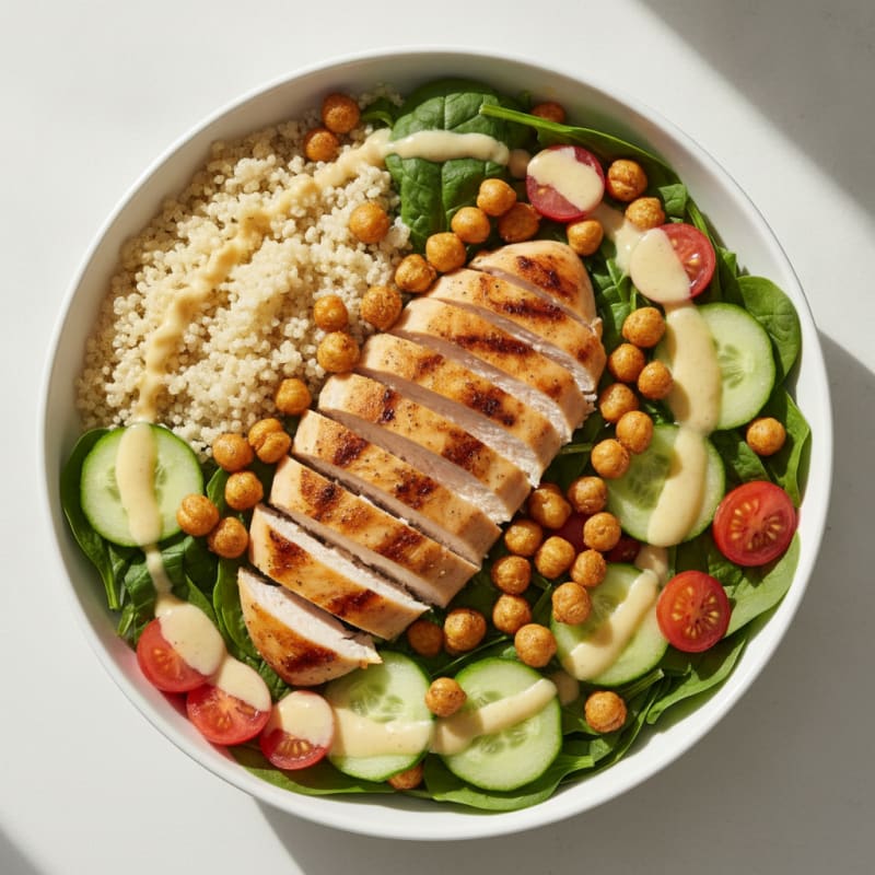 Grilled Chicken and Quinoa Power Bowl with Roasted Chickpeas