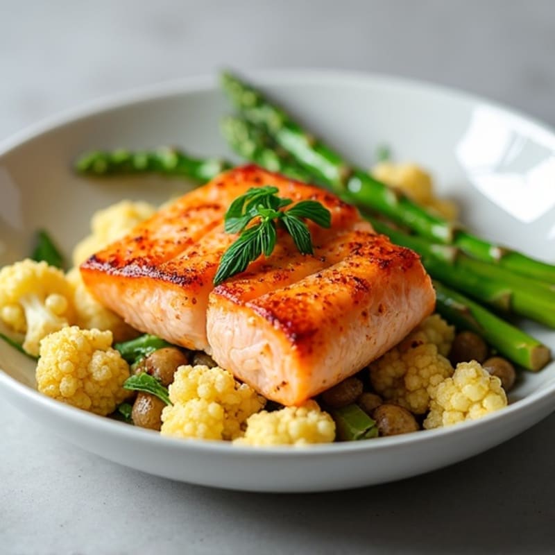 Seared Salmon with Roasted Cauliflower and Asparagus