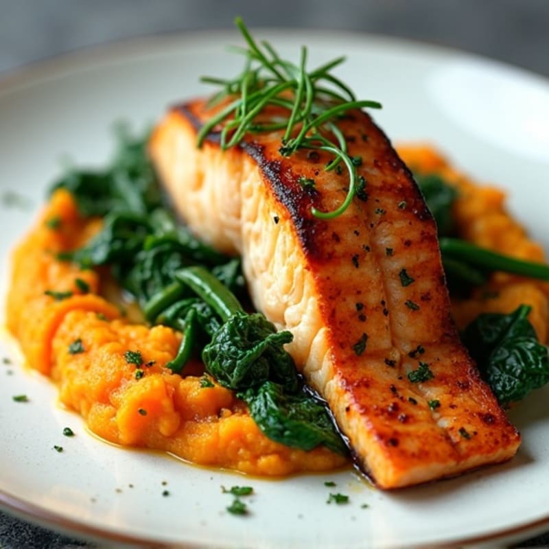 Seared Salmon Fillet with Garlic Sautéed Spinach and Sweet Potato Mash