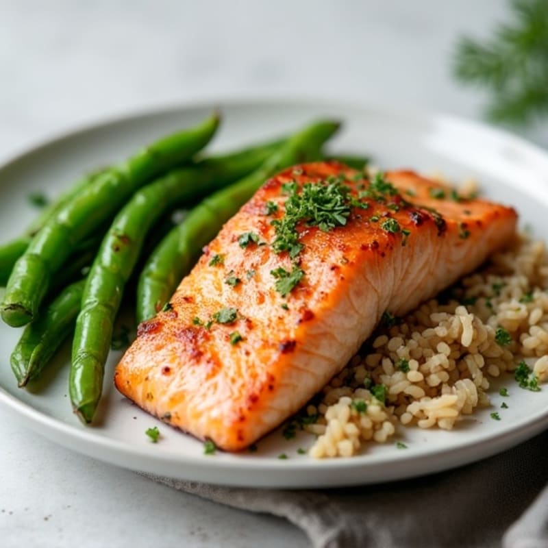 Seared Salmon with Garlic Green Beans and Herb-Infused Brown Rice