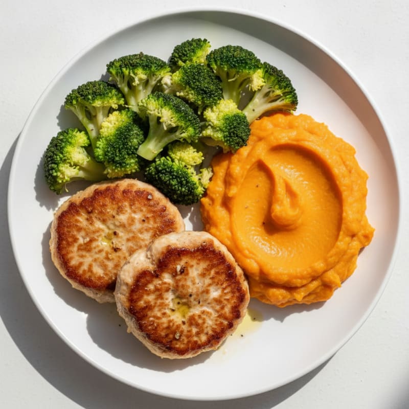 Seared Turkey Patties with Steamed Broccoli and Sweet Potato Mash