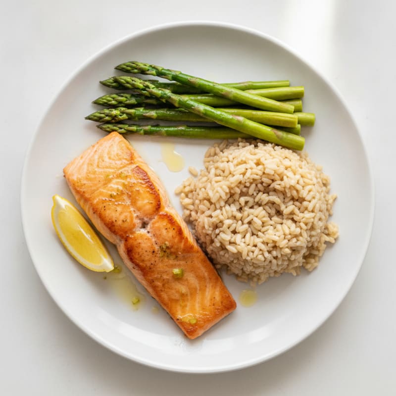 Seared Salmon Fillet with Steamed Asparagus and Brown Rice