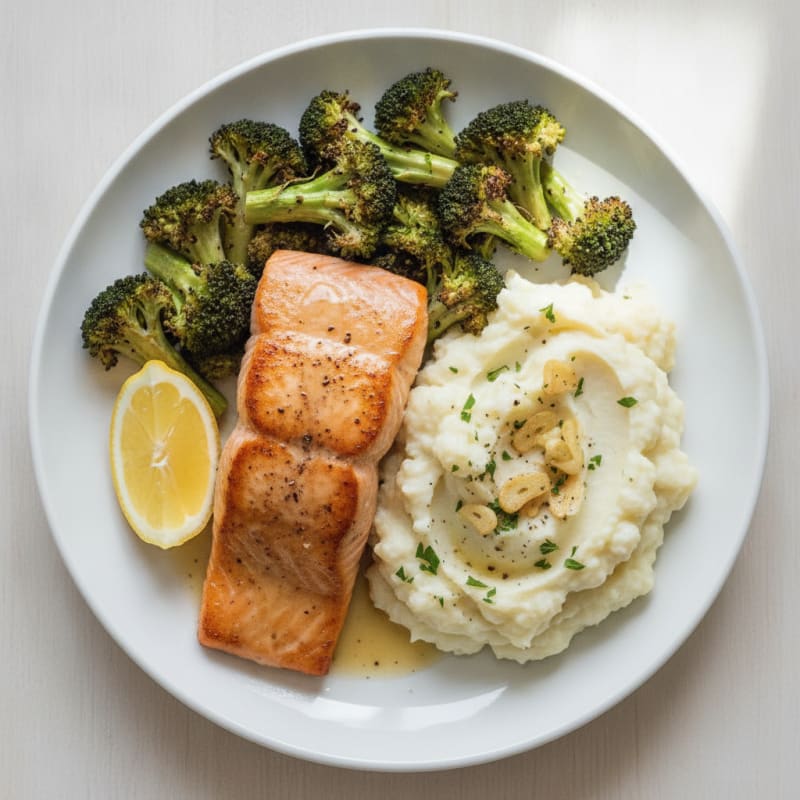 Seared Salmon with Roasted Broccoli and Garlic Mashed Cauliflower