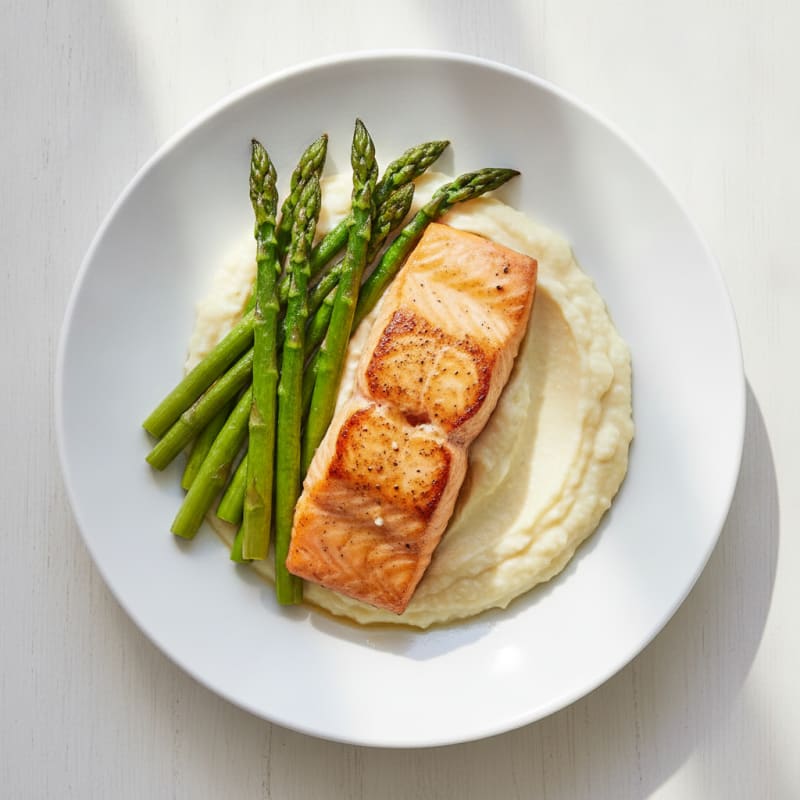Seared Salmon Fillet with Roasted Asparagus and Cauliflower Mash