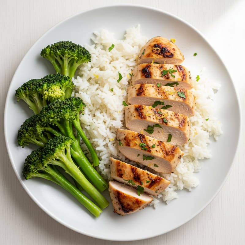 Grilled Chicken Breast with Steamed Broccoli and White Rice