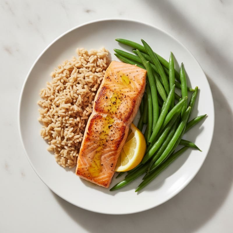Seared Salmon with Steamed Green Beans and Brown Rice