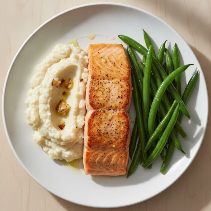 Seared Salmon with Steamed Green Beans and Cauliflower Mash