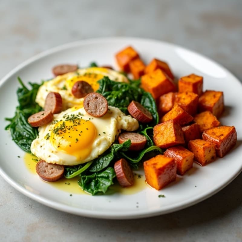 Egg White and Turkey Sausage Scramble with Spinach and Roasted Sweet Potatoes