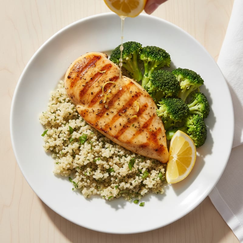 Grilled Chicken Breast with Quinoa and Steamed Broccoli