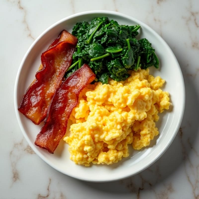 Scrambled Eggs with Crispy Turkey Bacon and Sautéed Spinach