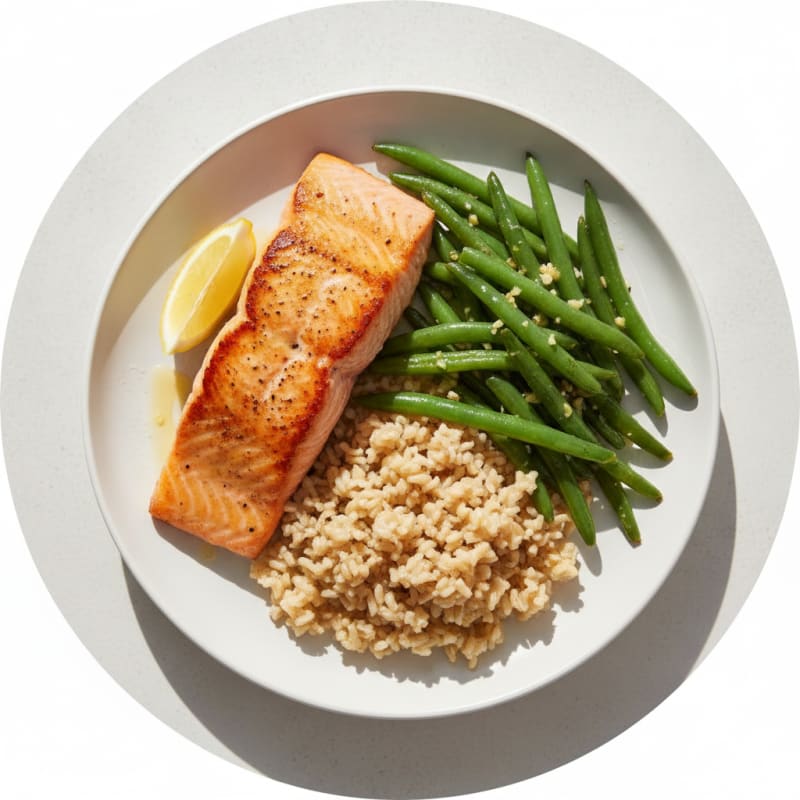 Seared Salmon with Garlic Green Beans and Brown Rice