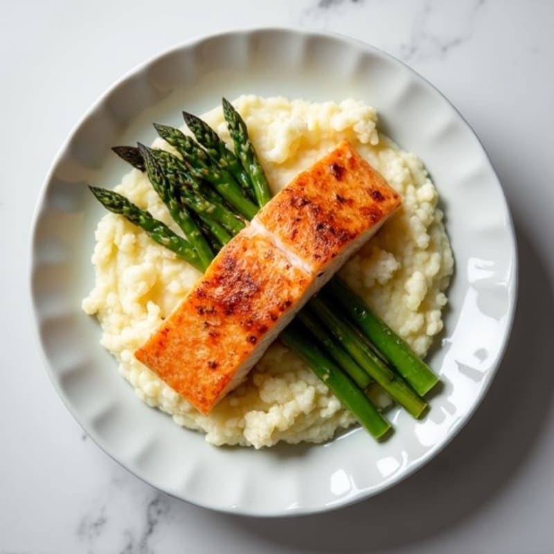 Seared Salmon with Steamed Asparagus and Cauliflower Mash