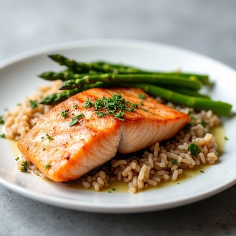 Seared Salmon Fillet with Steamed Asparagus and Brown Rice