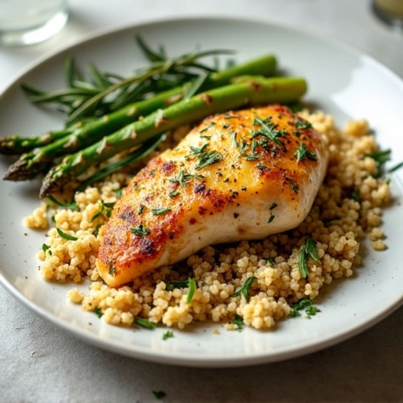 Crispy Lemon-Herb Roasted Chicken with Roasted Asparagus and Quinoa