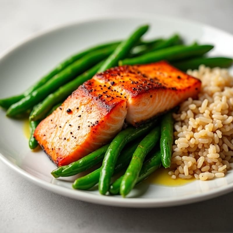 Seared Salmon with Garlic Green Beans and Brown Rice