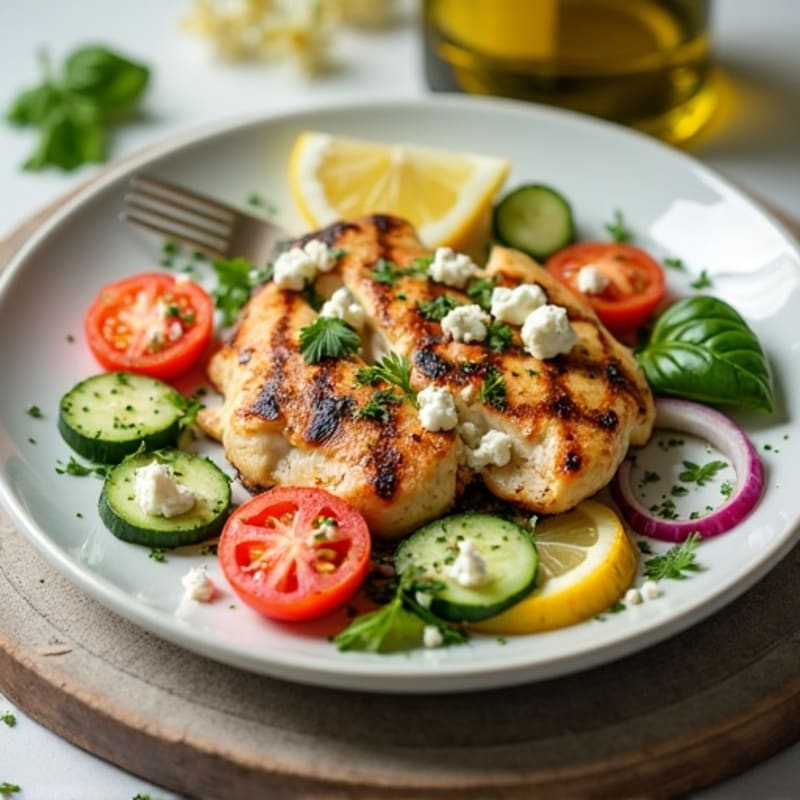 Lemon-Herb Grilled Chicken with Crispy Fresh Vegetable and Creamy Feta Salad