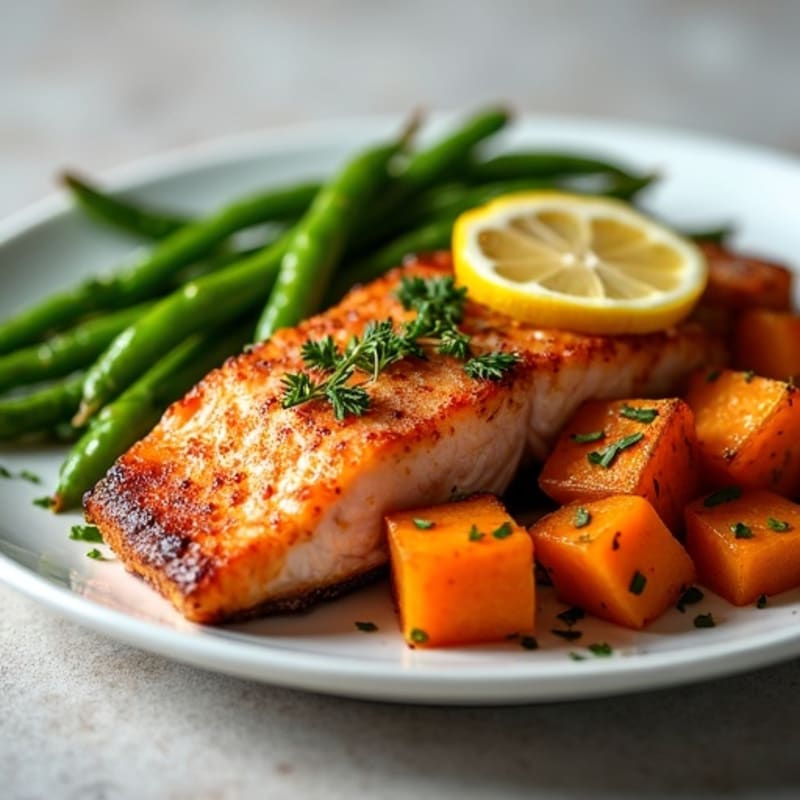 Crispy Pan-Seared Salmon with Roasted Green Beans and Sweet Potatoes
