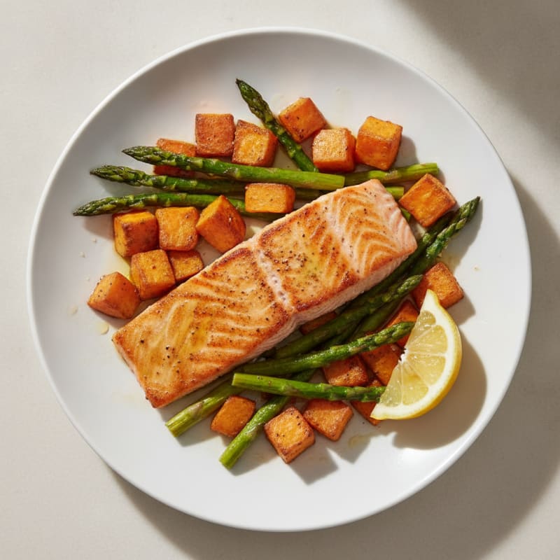Seared Salmon with Roasted Sweet Potatoes and Asparagus