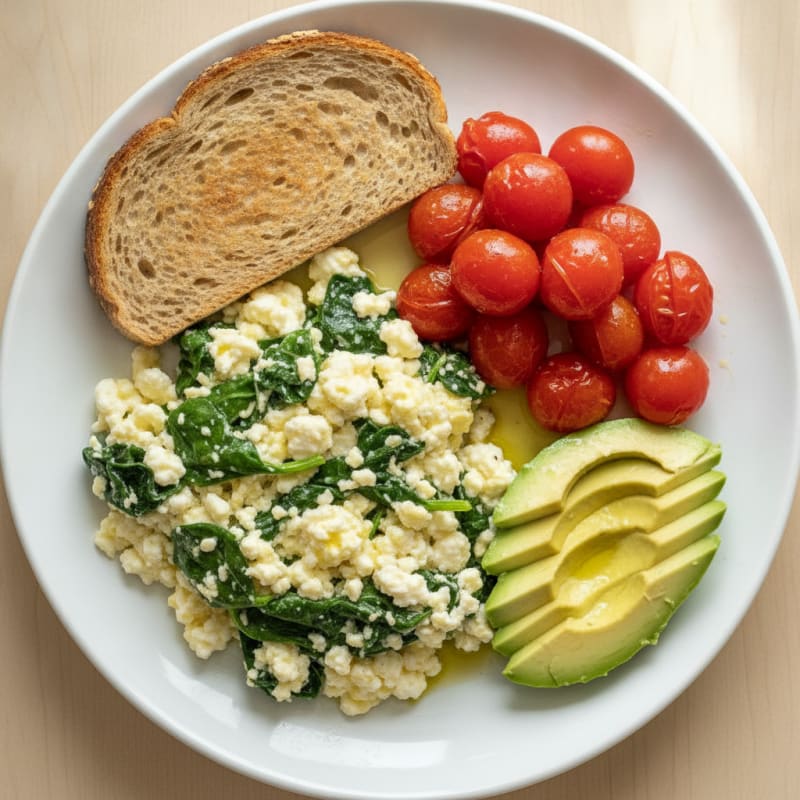 Egg White Spinach Scramble with Cottage Cheese and Cherry Tomatoes