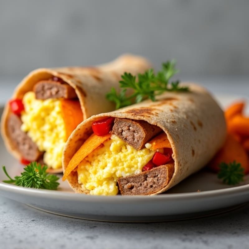 Turkey Sausage and Scrambled Egg Burrito with Roasted Sweet Potatoes