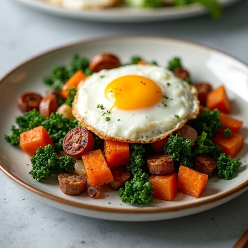 Crispy Sweet Potato and Kale Hash with Baked Eggs