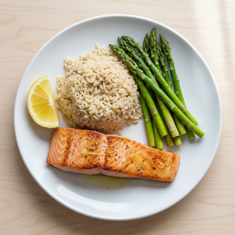 Seared Salmon with Steamed Asparagus and Brown Rice