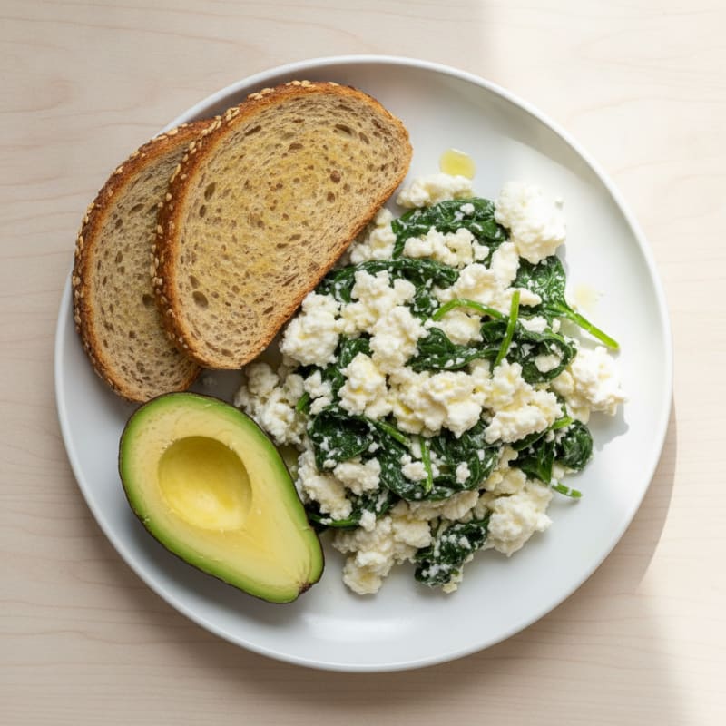 Cottage Cheese Egg White Scramble with Sautéed Spinach