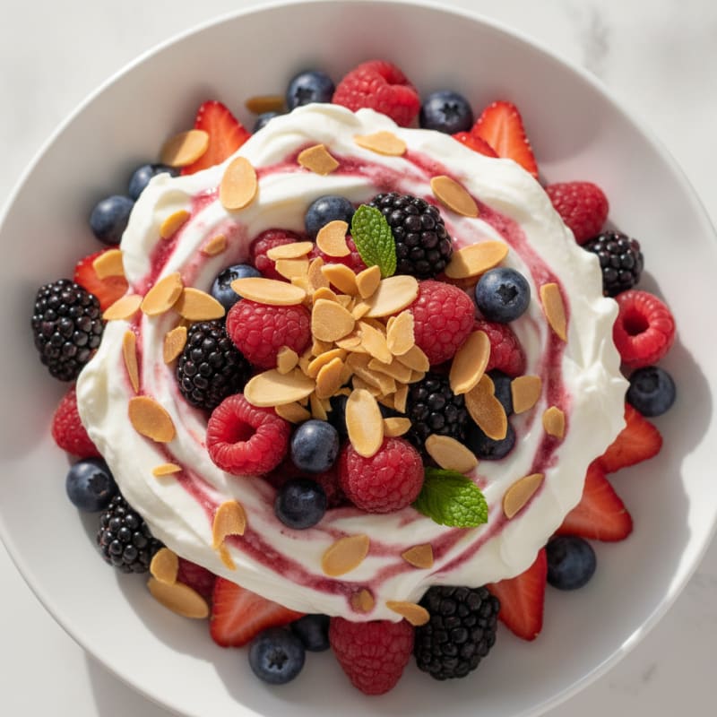 Greek Yogurt Parfait with Whey Protein, Mixed Berries and Almonds