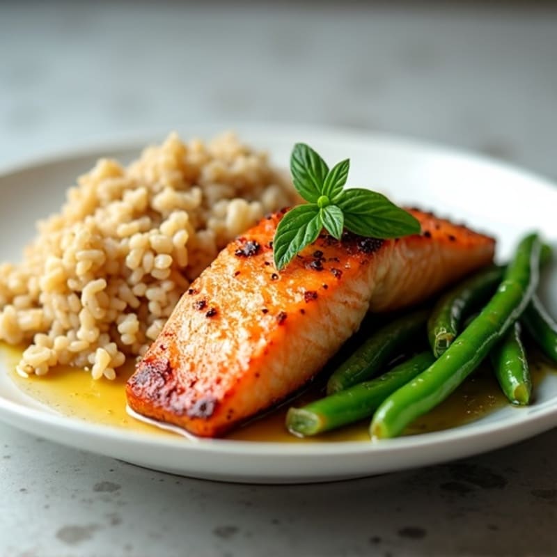 Seared Salmon with Garlic Green Beans and Brown Rice