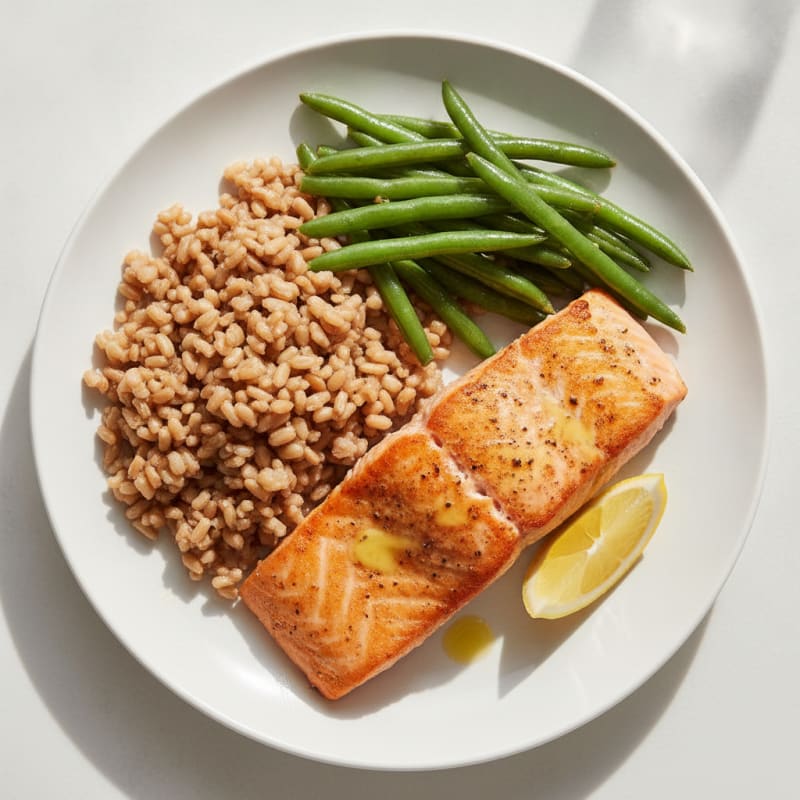 Seared Salmon with Steamed Green Beans and Brown Rice