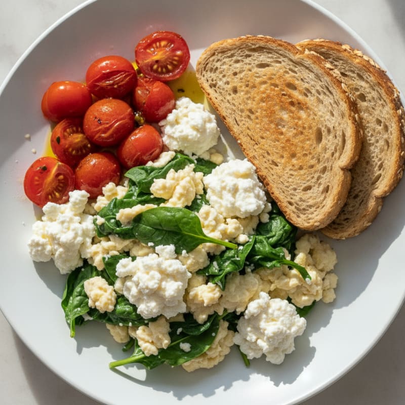 Egg White and Spinach Scramble with Cottage Cheese and Cherry Tomatoes