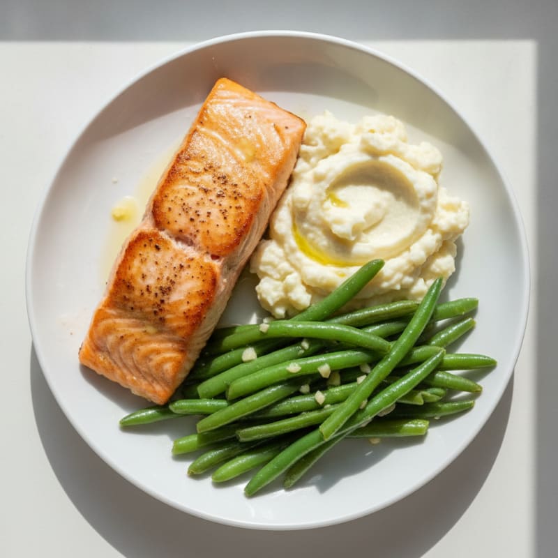 Seared Salmon with Garlic Green Beans and Mashed Cauliflower