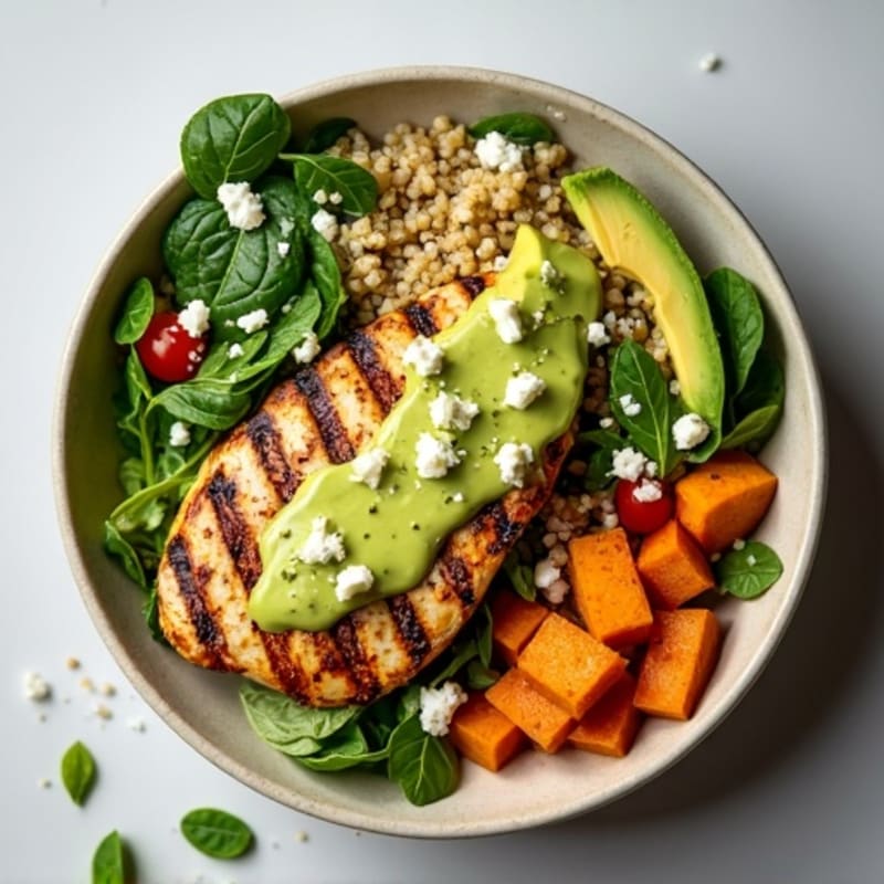 Grilled Chicken and Quinoa Power Bowl with Creamy Avocado Dressing