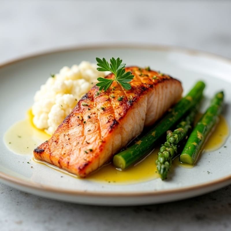 Seared Salmon with Steamed Asparagus and Cauliflower Mash