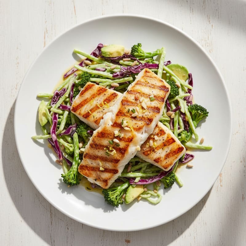 Grilled Cod with Crunchy Broccoli Slaw
