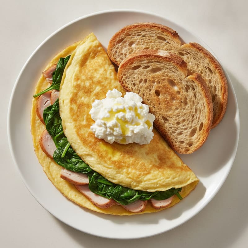 Egg White Spinach Omelet with Cottage Cheese and Sliced Turkey