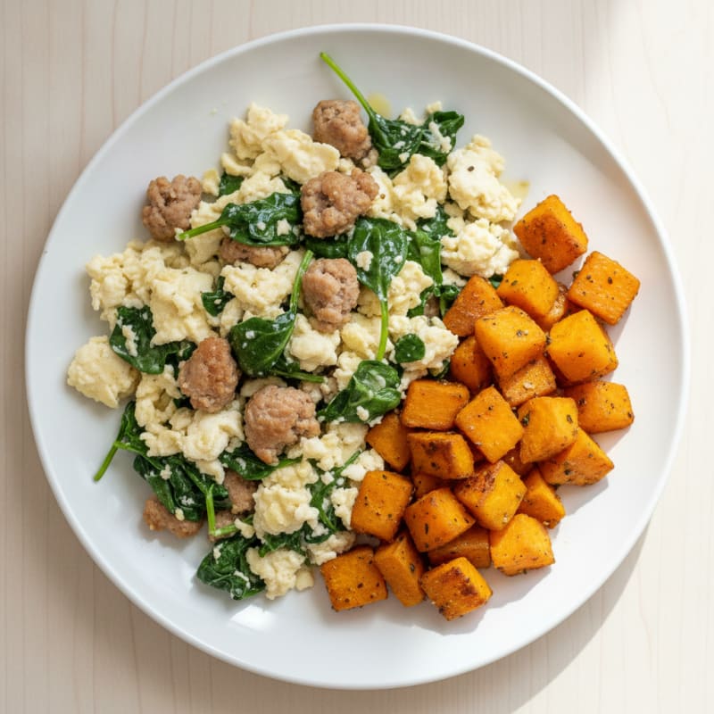 Egg White and Turkey Sausage Scramble with Spinach and Roasted Sweet Potato