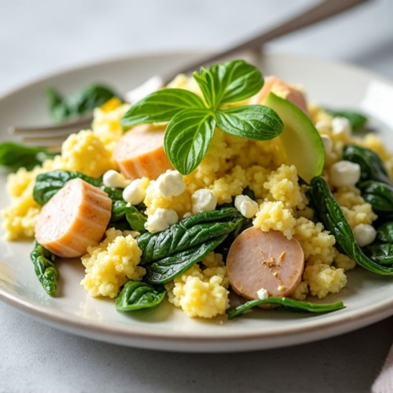 Egg White Spinach Scramble with Cottage Cheese and Sliced Turkey