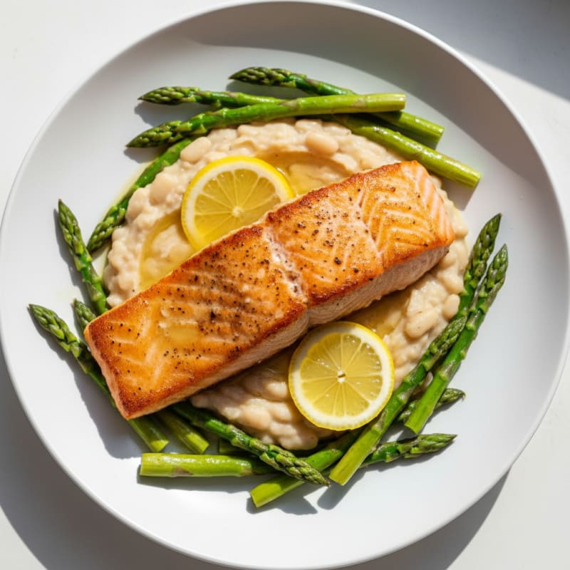 Seared Salmon Fillet with Creamy White Bean Mash and Steamed Asparagus