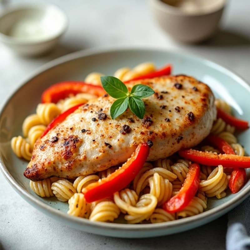 Spicy Pan-Seared Chicken with Creamy Pasta and Sautéed Bell Peppers