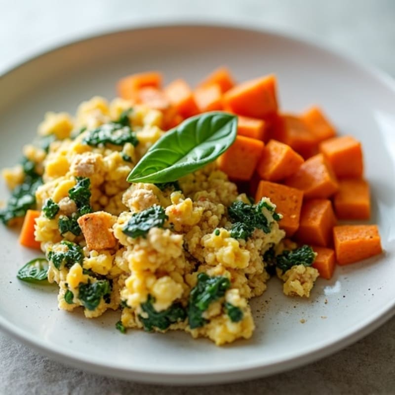 Egg White and Turkey Spinach Scramble with Roasted Sweet Potato